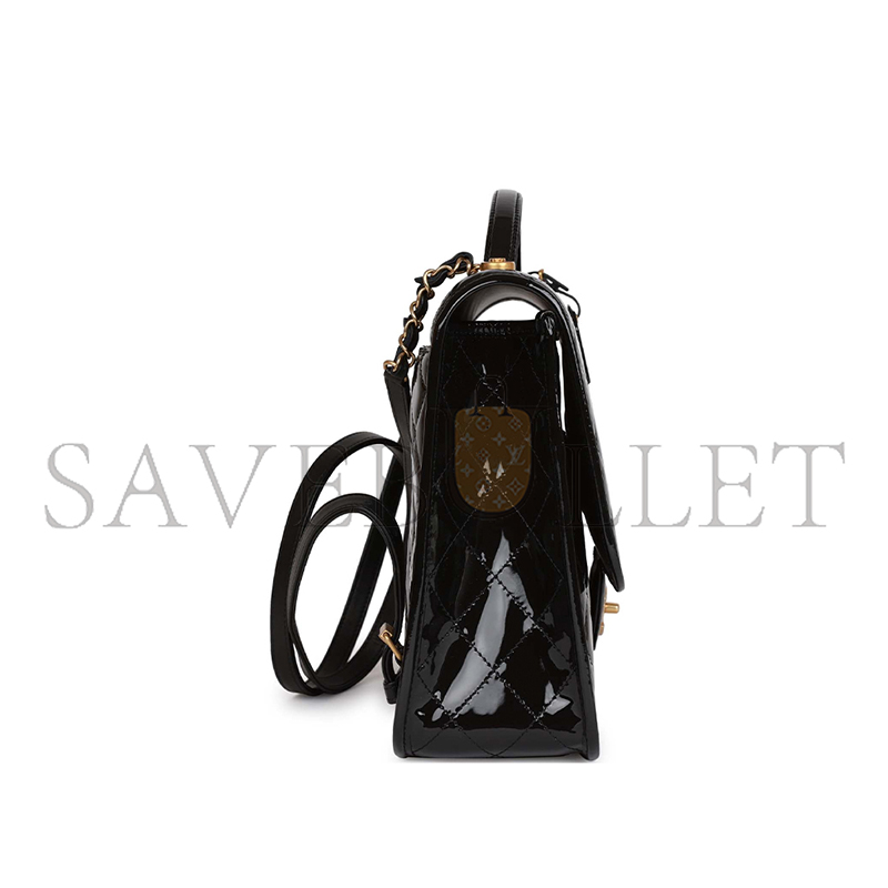 CHANEL LARGE FLAP BACKPACK BLACK PATENT ANTIQUE GOLD HARDWARE (30*23*10cm)